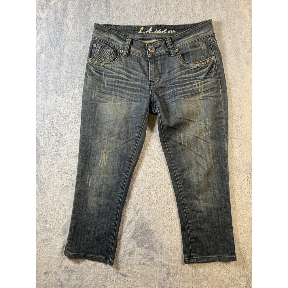 LA Idol USA Womens Cropped Capri Jeans Blue Denim Rhinestone Pocket 30x22 Size 7
